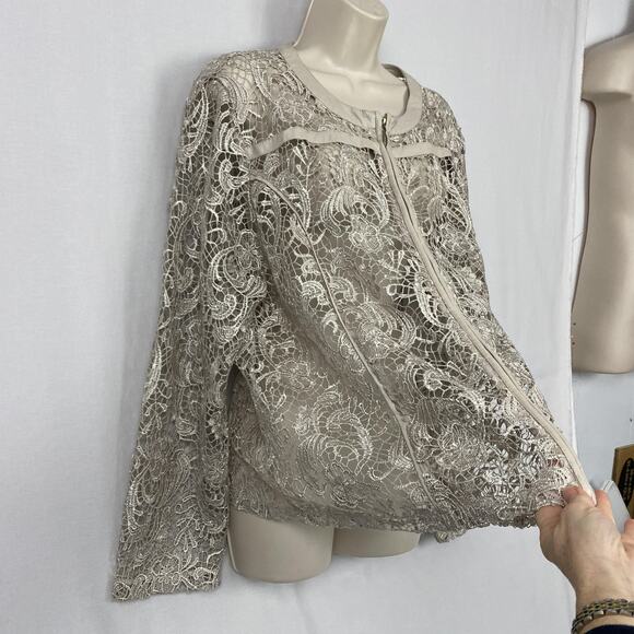 Chicos Open Lace Jacket Cardigan Size 3 Beige Tan Sheer Crochet Lace Dressy XL - Picture 4 of 13